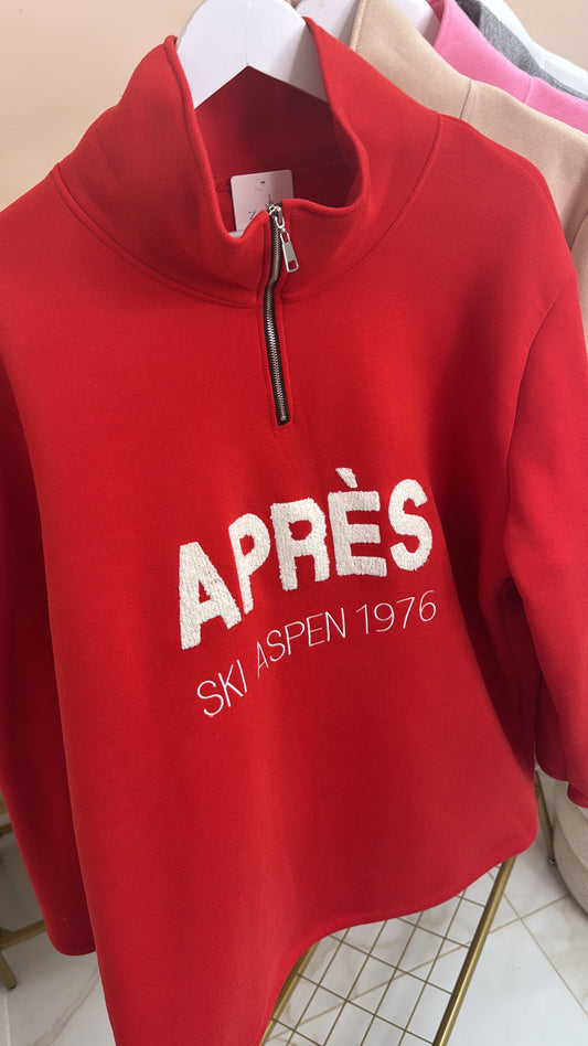 APRES red borg embroidered half zip sweater