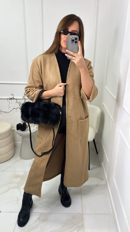 KAYA tan textured longline duster coat