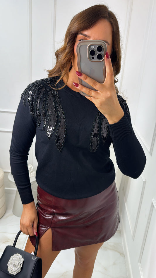 BEKI black embellished fine knit jumper