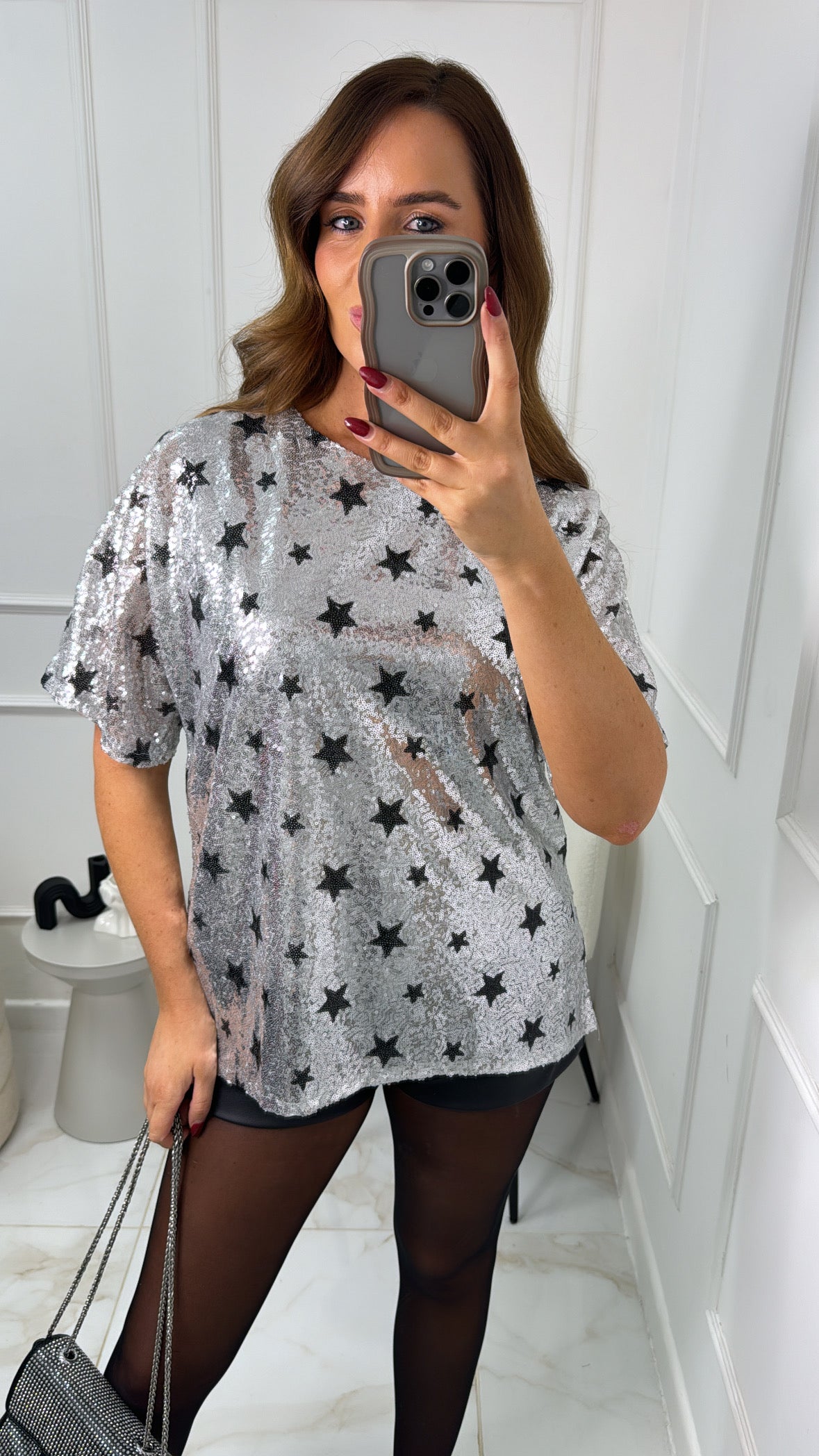 ISABELLE silver star sequin boxy tee