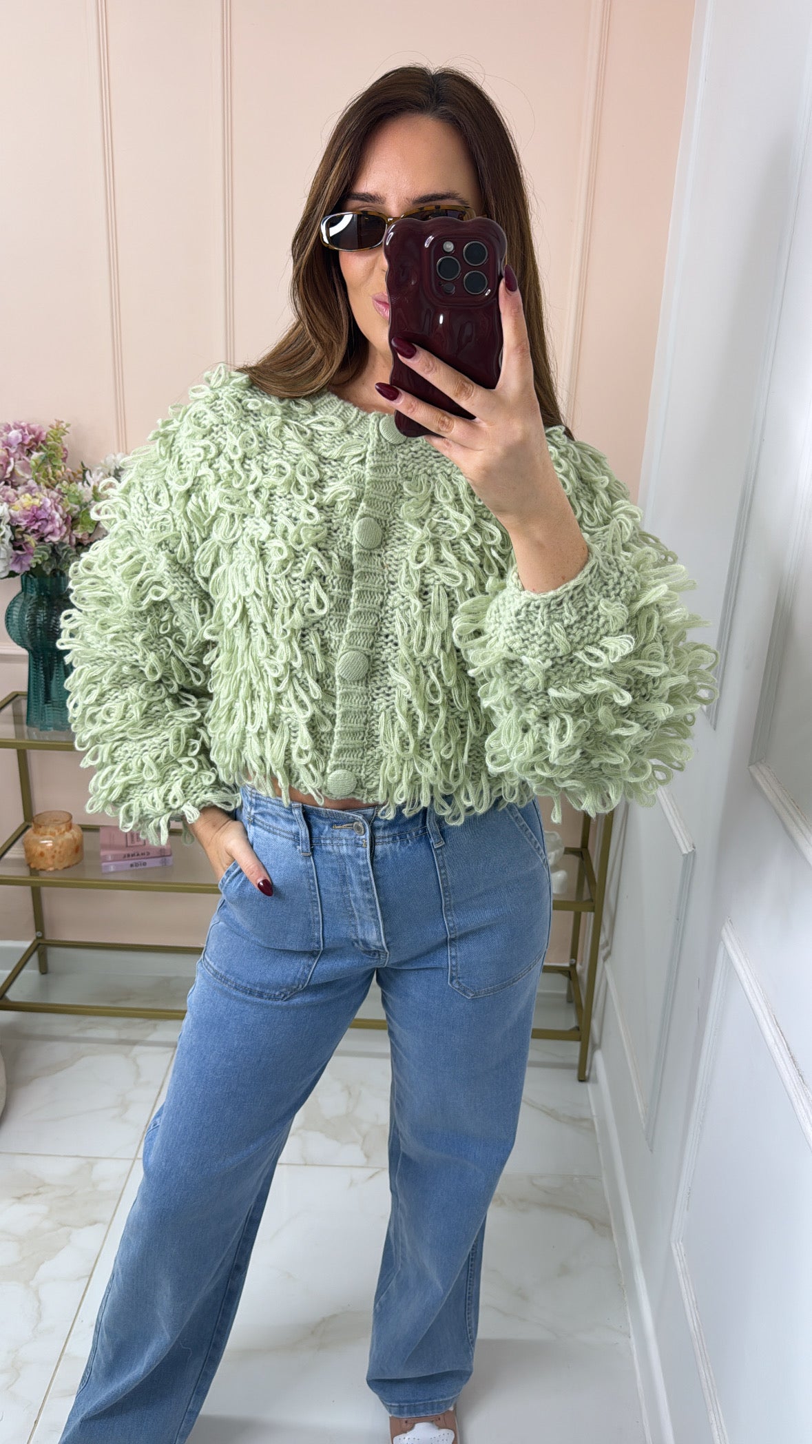 LULU sage loop knit shaggy cardigan