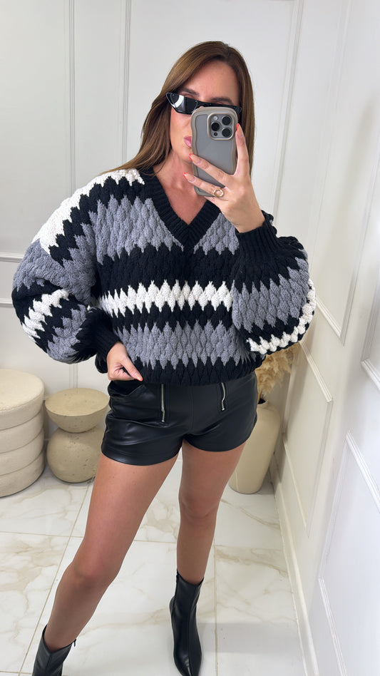 LIVIA grey zig zag chunky knit jumper