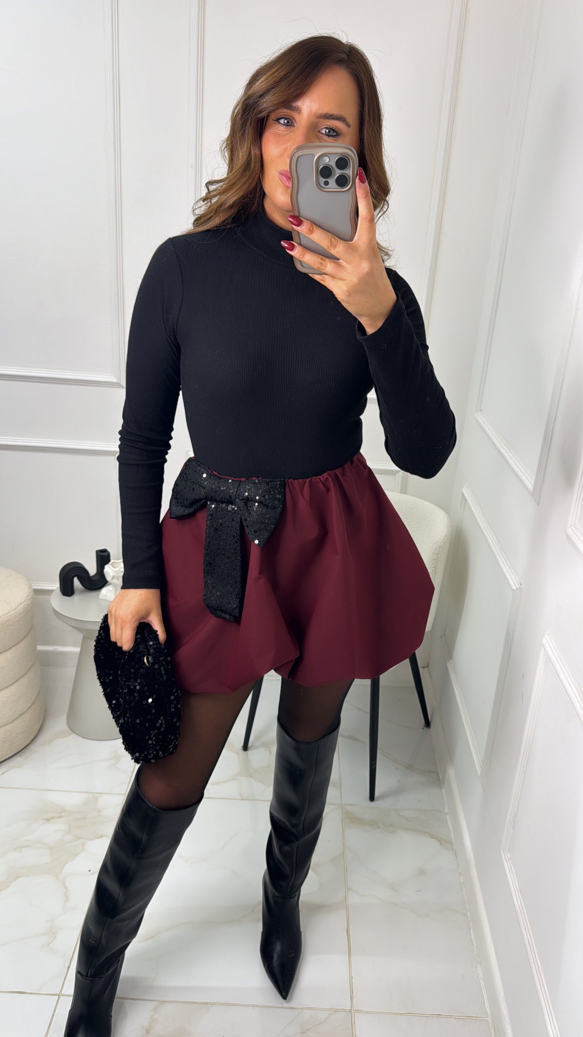 ELLIE burgundy sequin bow puffball skirt