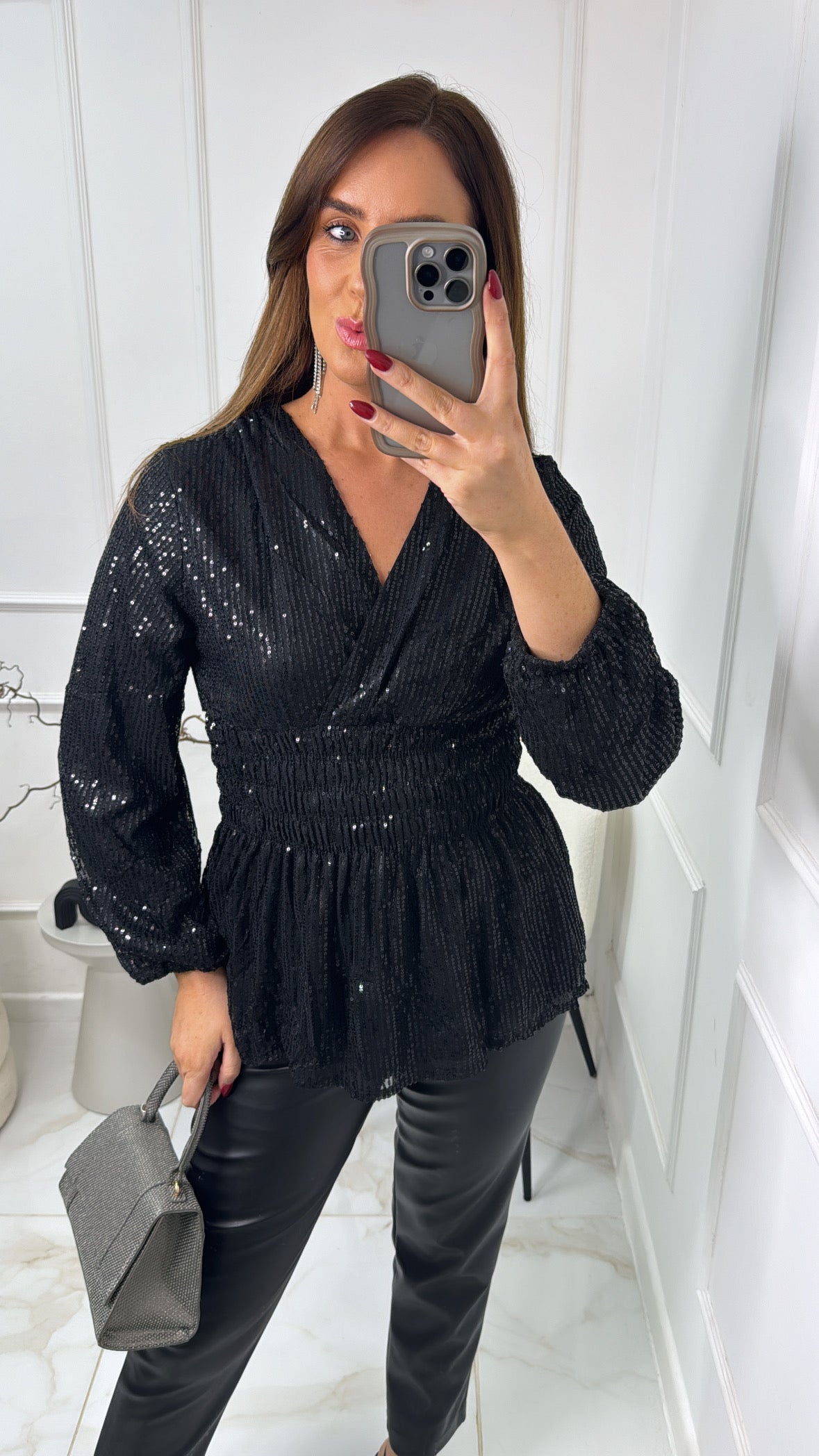 LAYLA black sequin shirred waist blouse