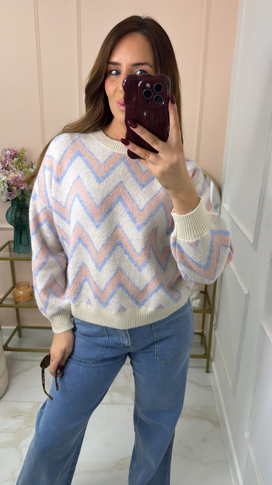 LYDIA peach & blue zig zag fine knit jumper