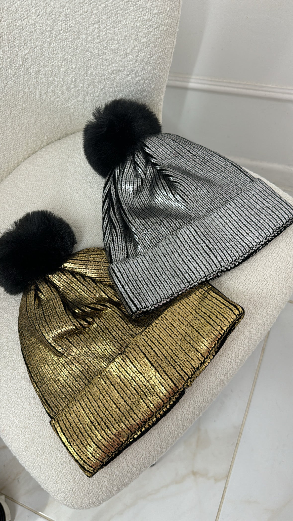 MELINA silver metallic pom pom hat