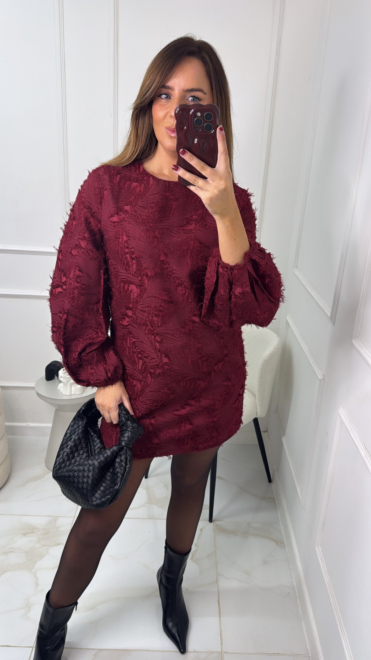 REBECCA burgundy textured puff sleeve dress