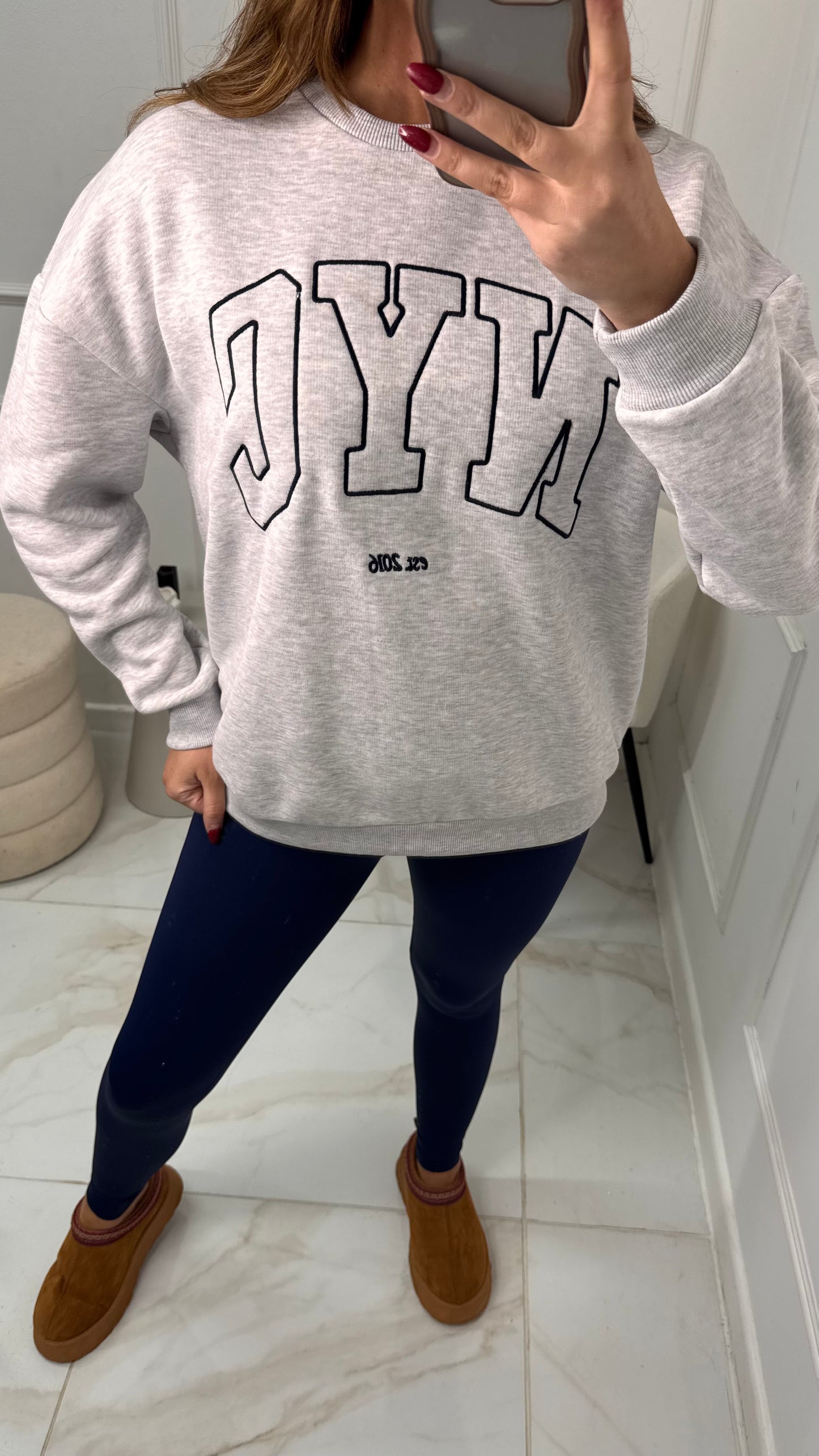 NYC grey & navy embroidered oversized sweater