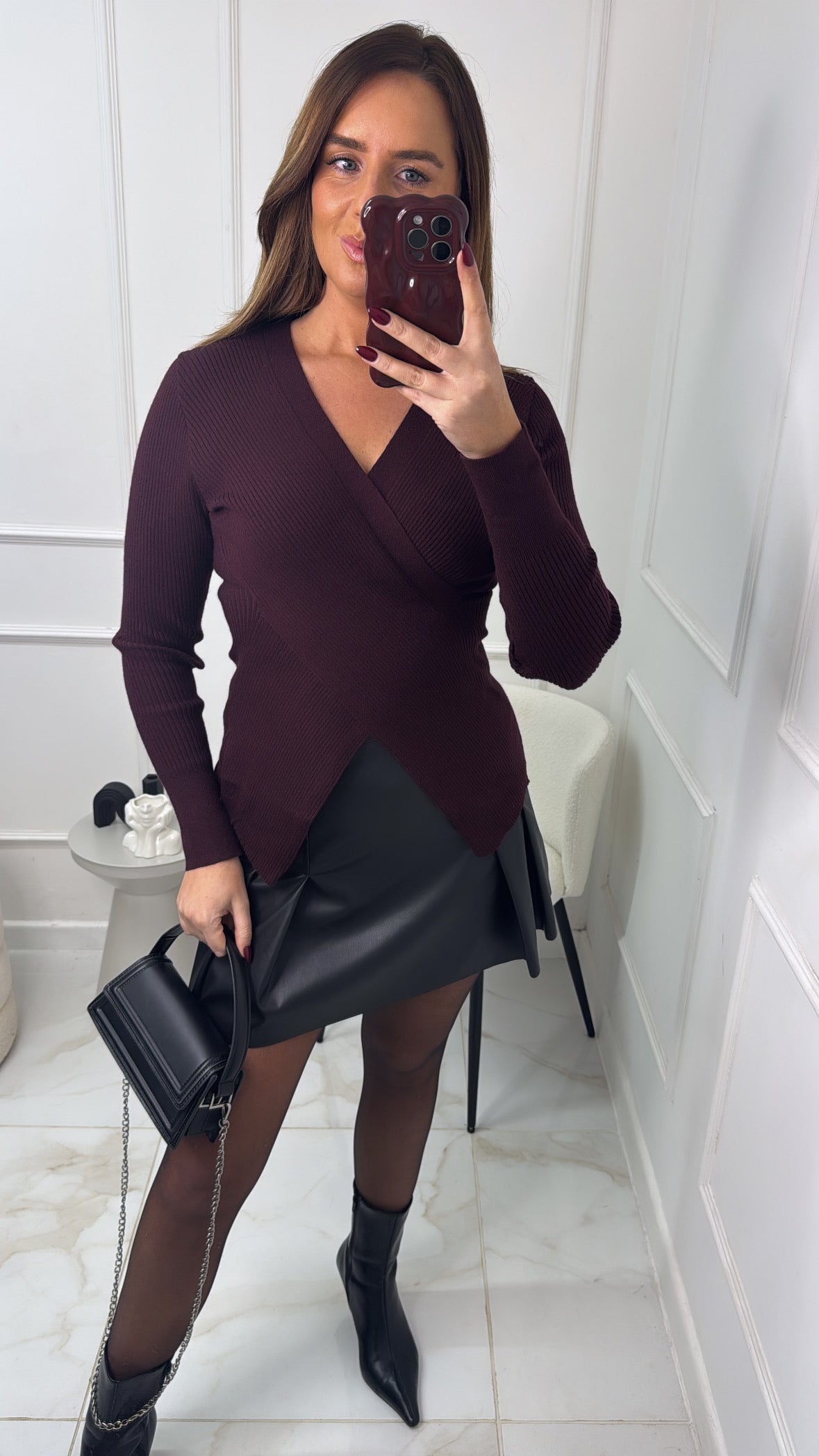 MERCY burgundy fine knit crossover jumper