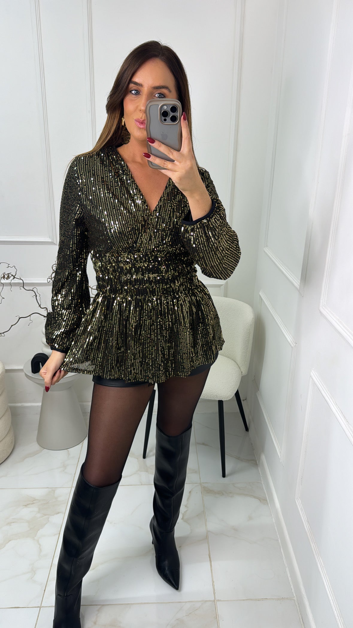 LAYLA gold sequin shirred waist blouse