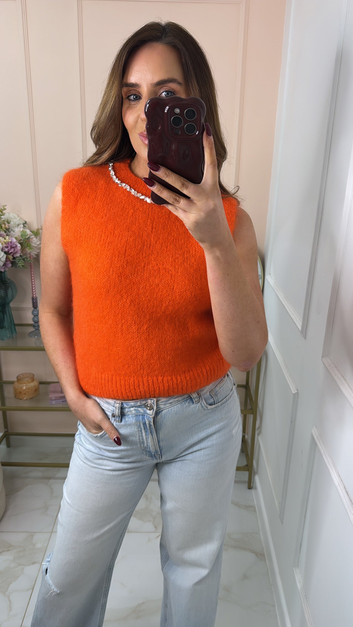 TALIA bright orange diamante sleeveless jumper