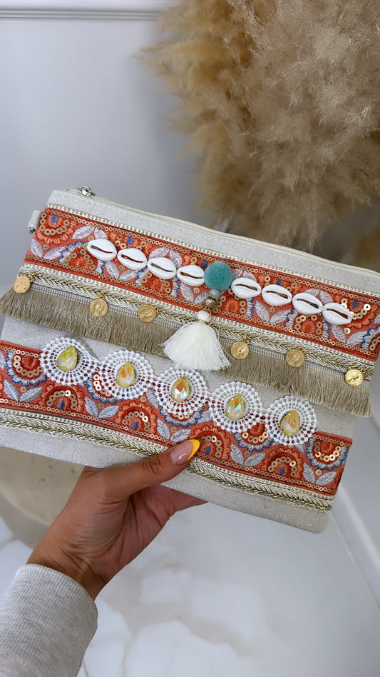 JAYDA orange tassel embroidered clutch