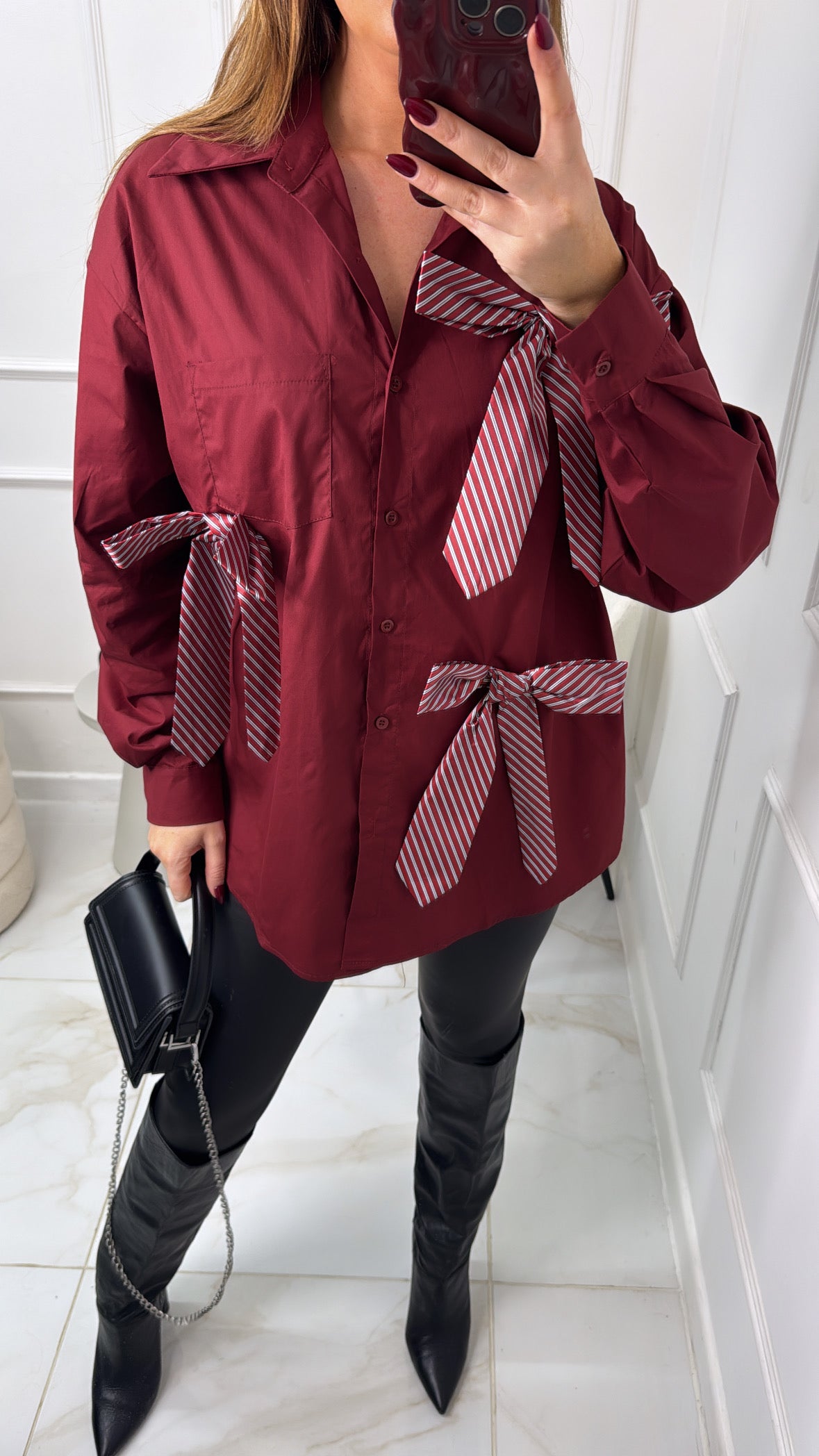 CLARITY burgundy bow detail oversized shirt