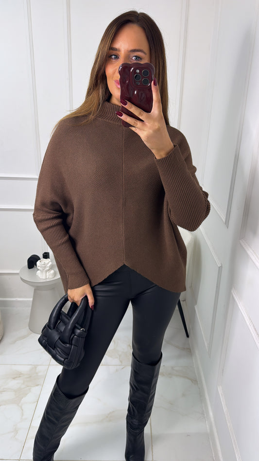 CHERYL brown ribbed dip hem jumper