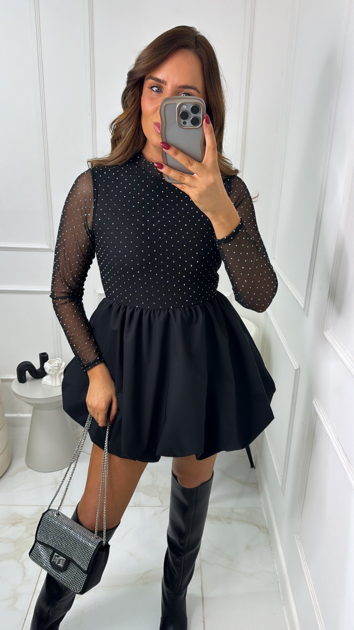 SHARNA black diamante puffball dress