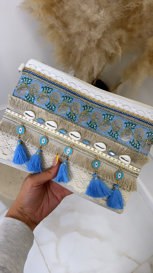 ESME blue tassel embroidered clutch