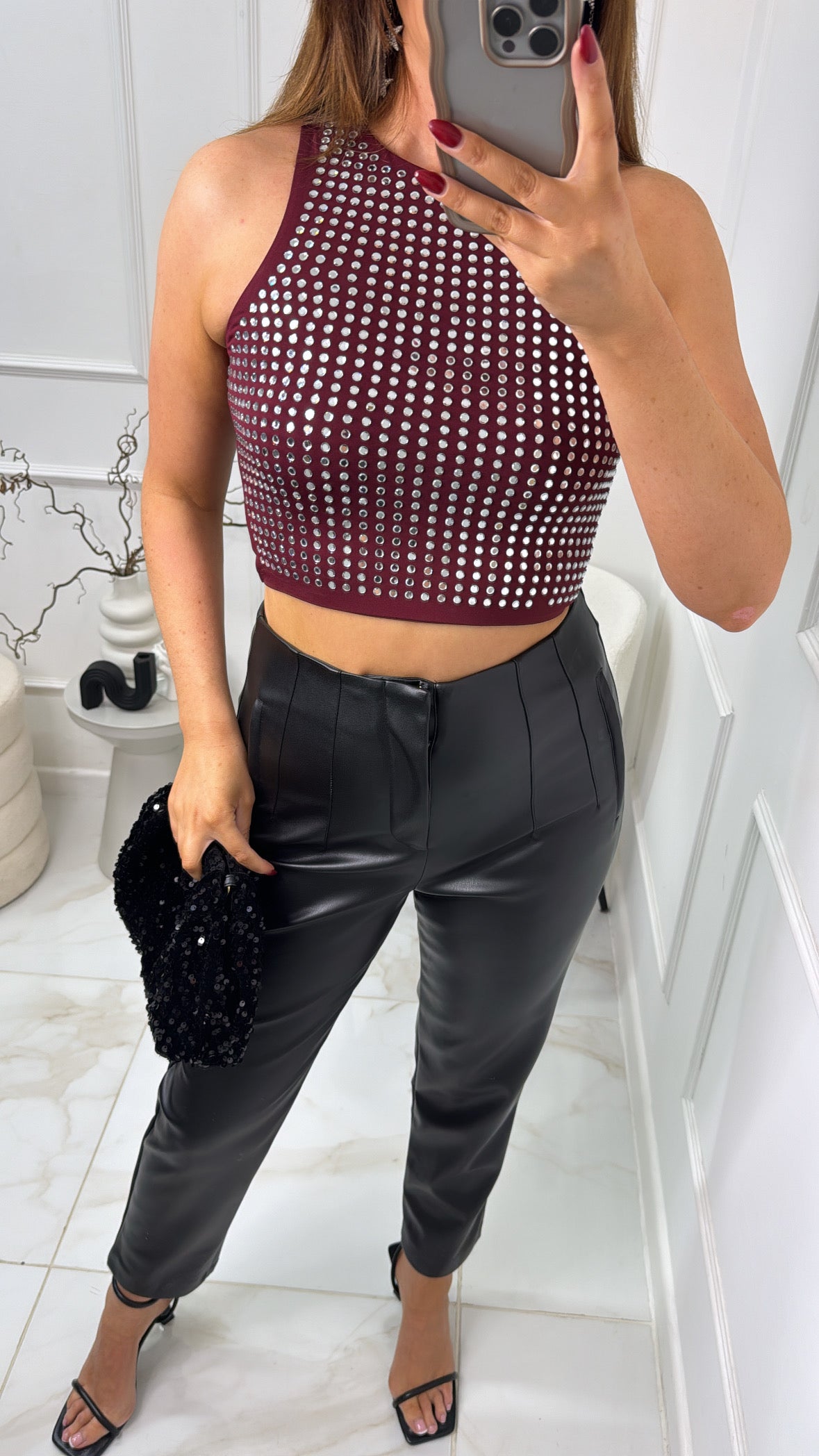 POLLY black faux leather straight leg high waisted trousers