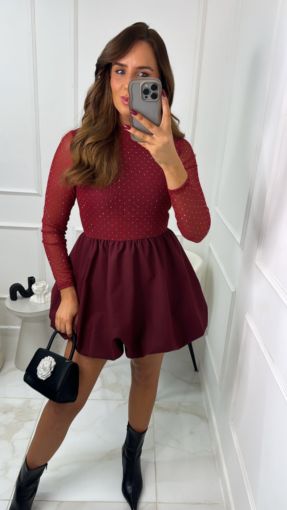 SHARNA burgundy diamante puffball dress