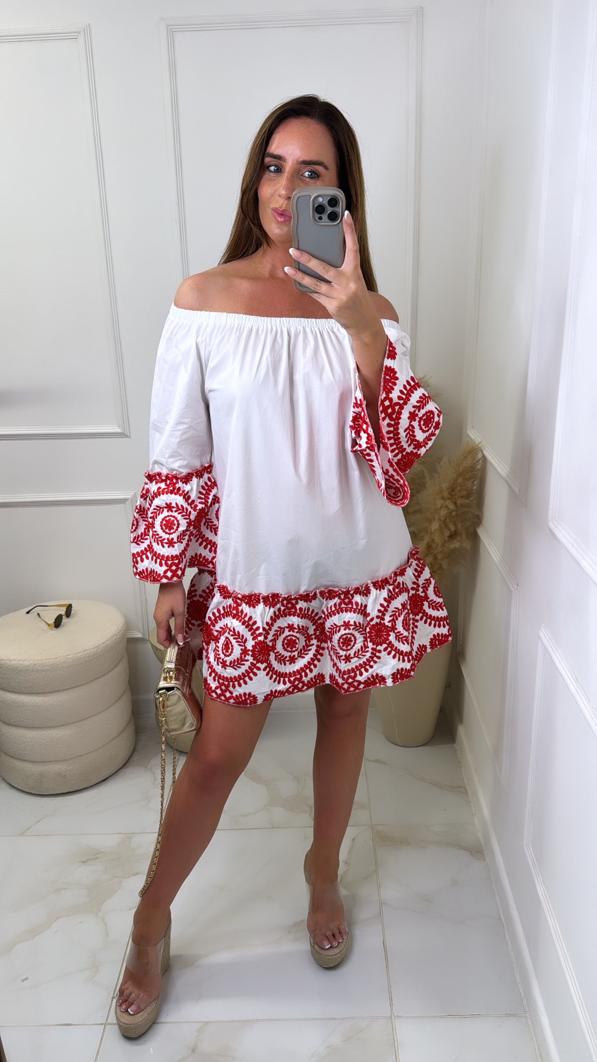 NINA red & white embroidered summer dress