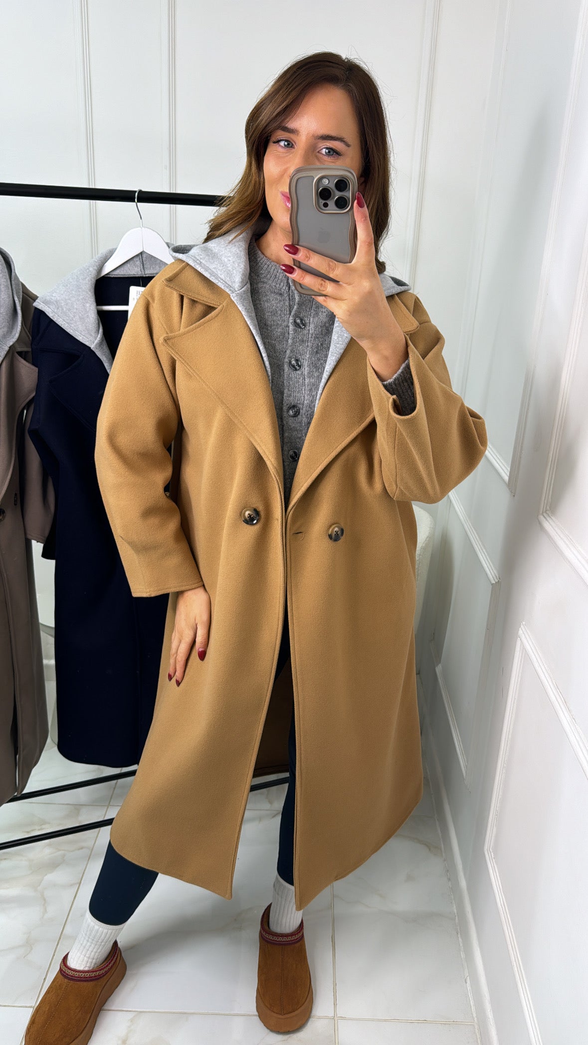 DARCEY camel hooded trench coat