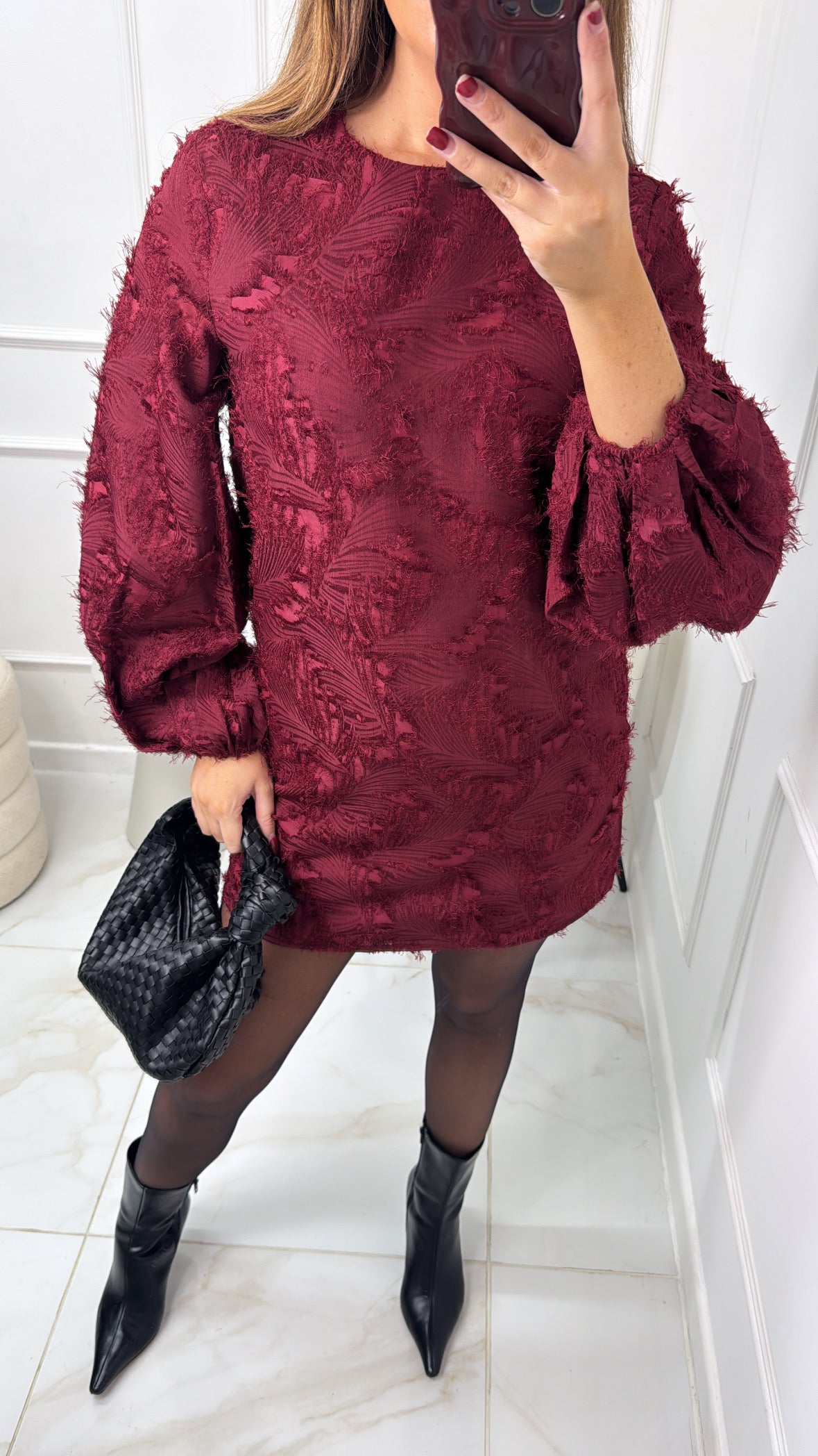 REBECCA burgundy textured puff sleeve dress