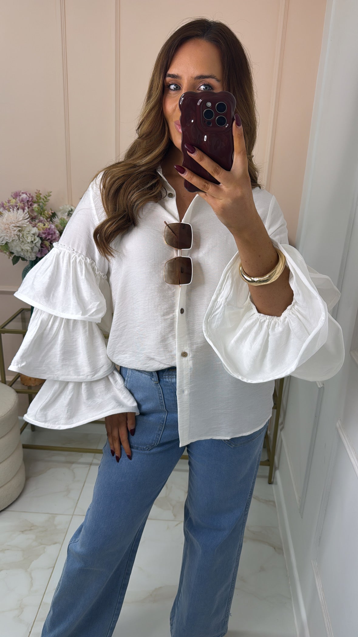 SHAUNA cream linen exaggerated tiered sleeve blouse