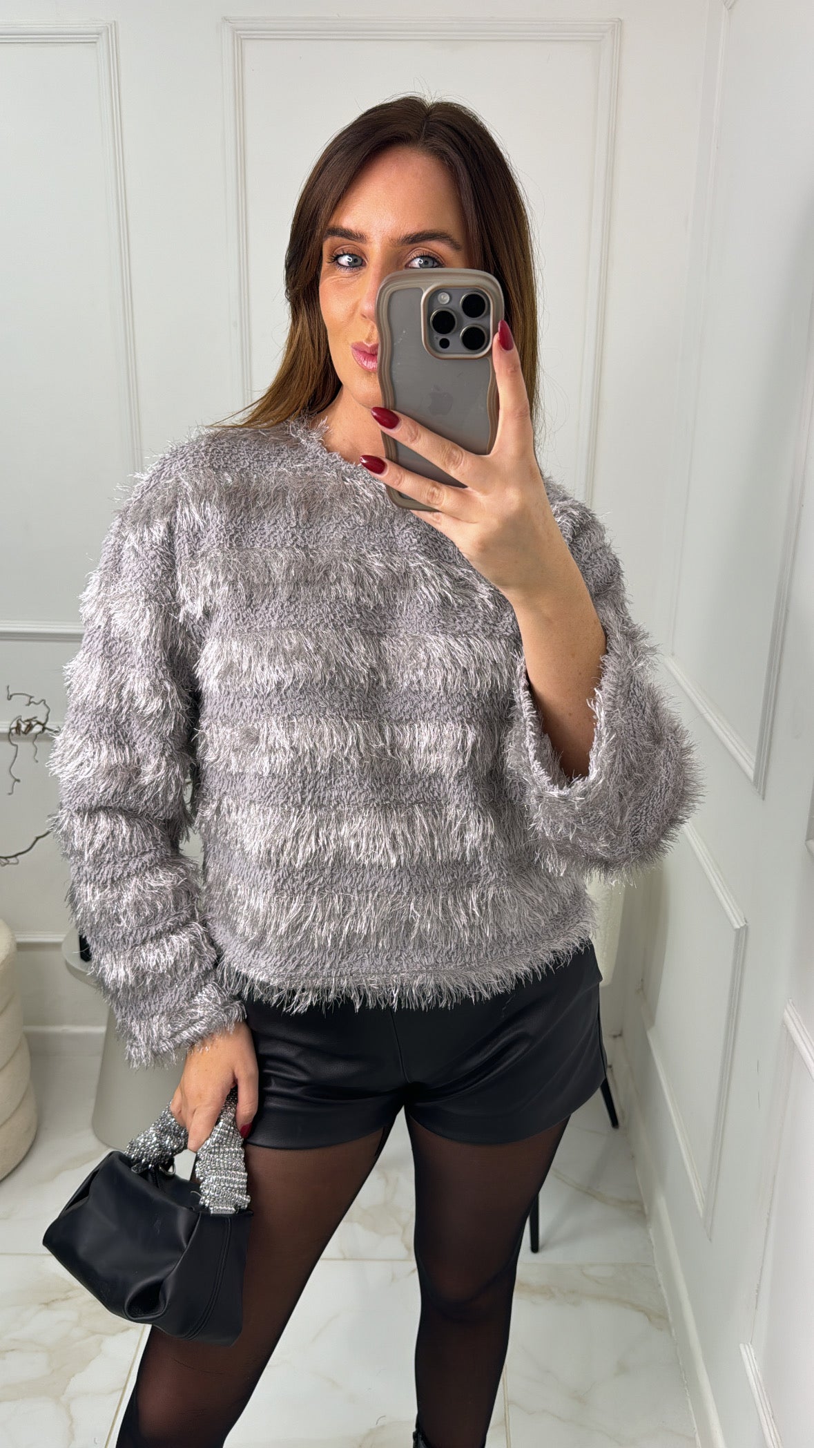 YAZMIN grey mohair tassel top