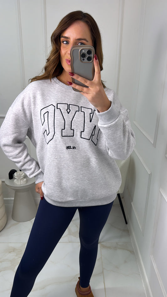 NYC grey & navy embroidered oversized sweater