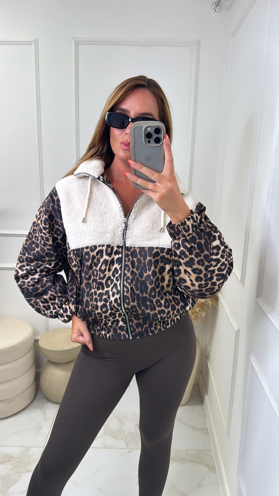 MAISIE cream leopard panel teddy bomber