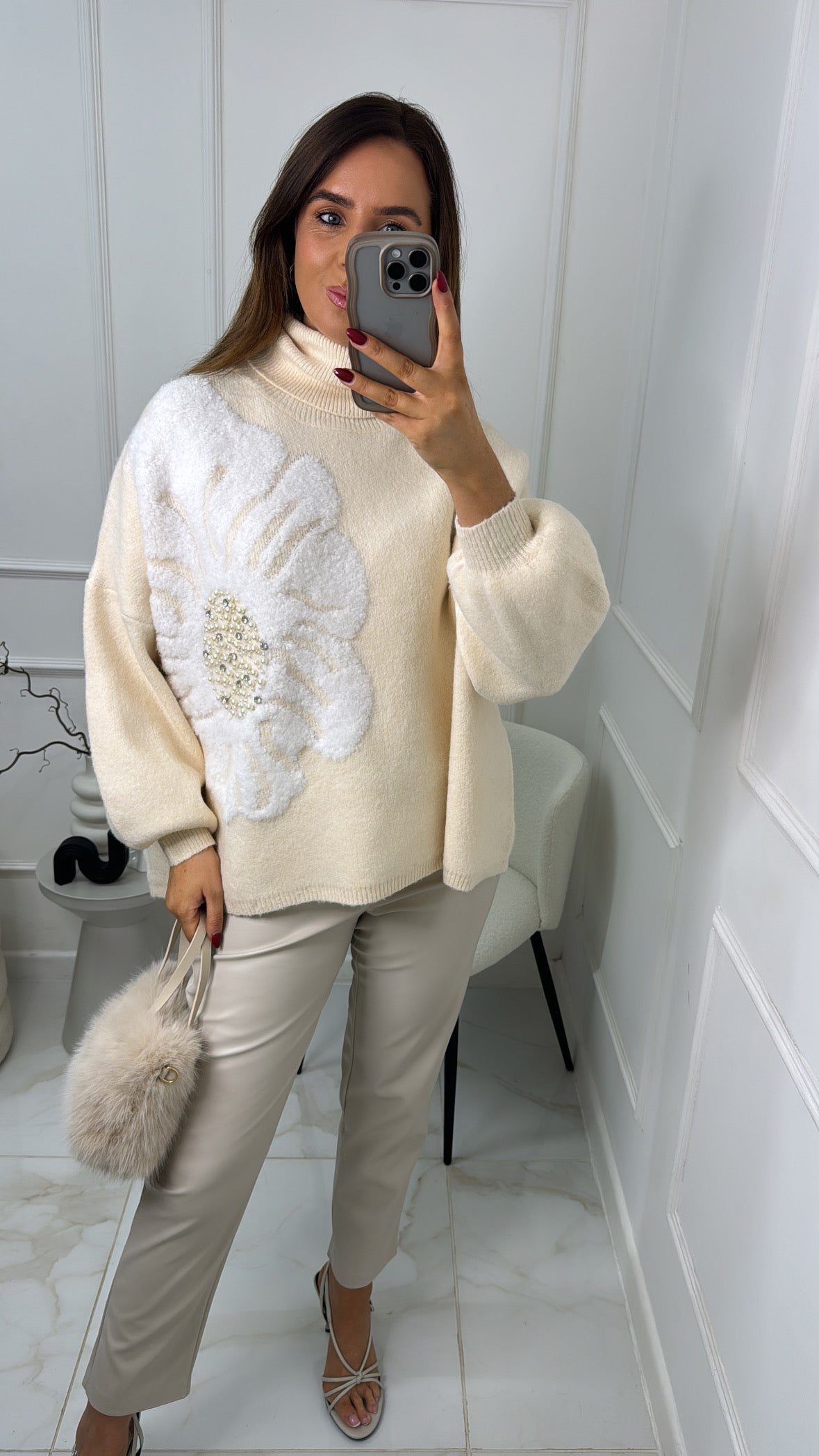 MARGOT cream embellished flower roll neck jumper