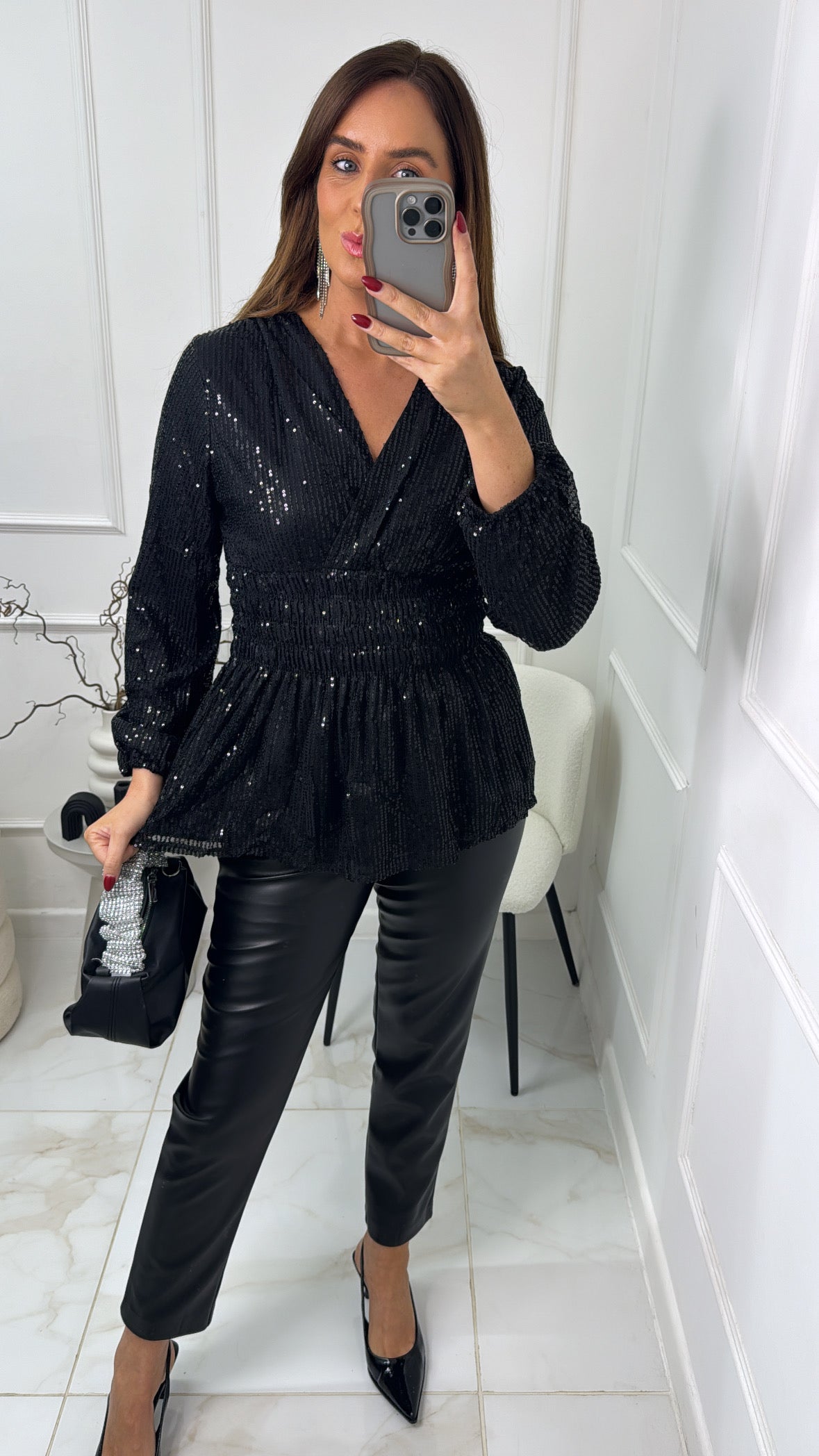 LAYLA black sequin shirred waist blouse