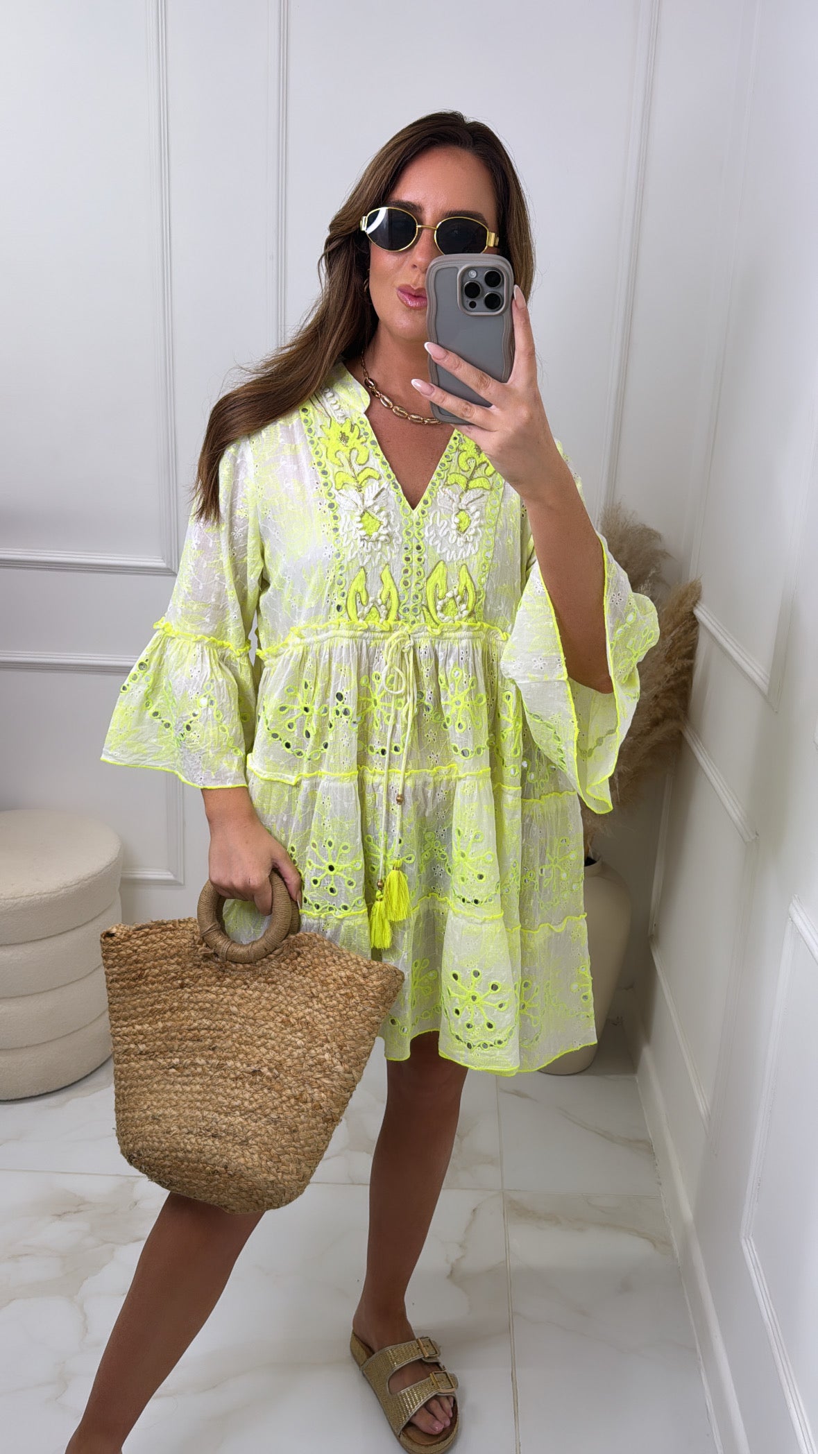 FAITH lime embroidered tassel smock dress