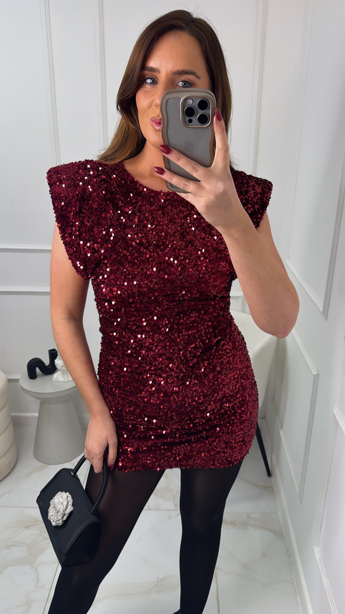 WHITNEY burgundy sequin cap sleeve mini dress