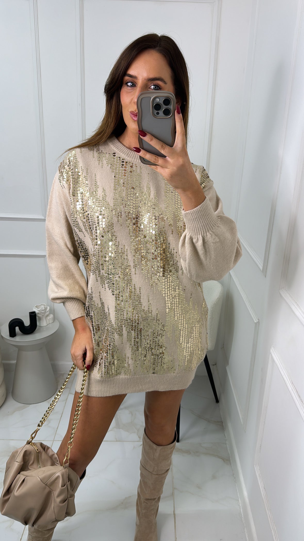 RAINE beige gold sequin jumper dress