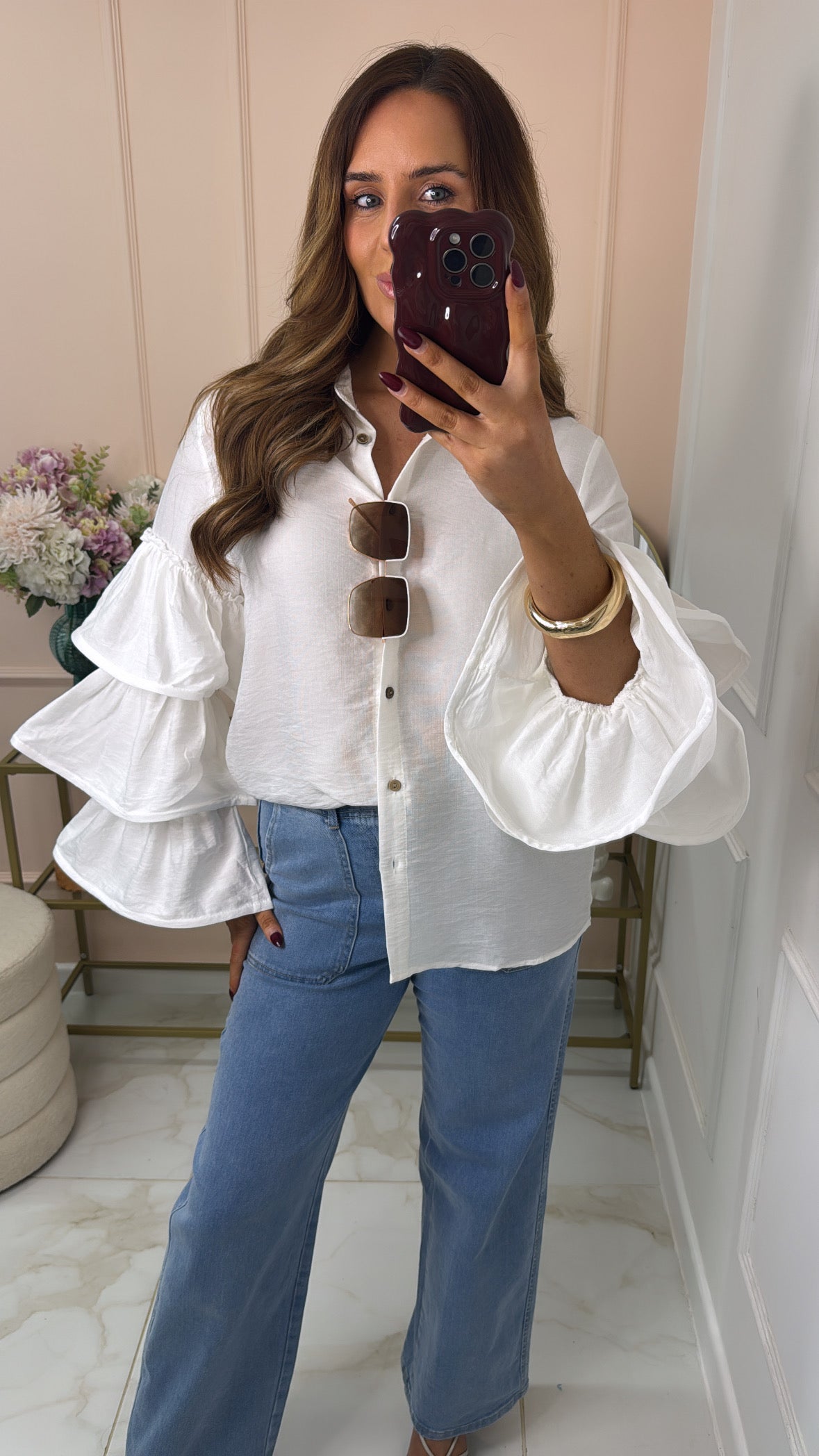 SHAUNA cream linen exaggerated tiered sleeve blouse