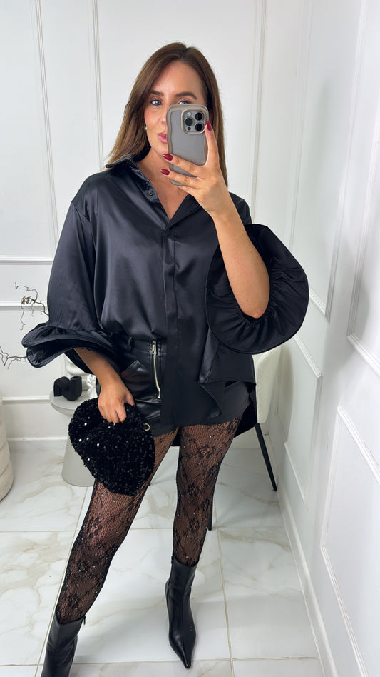 NOVA black satin exaggerated cuff shirt