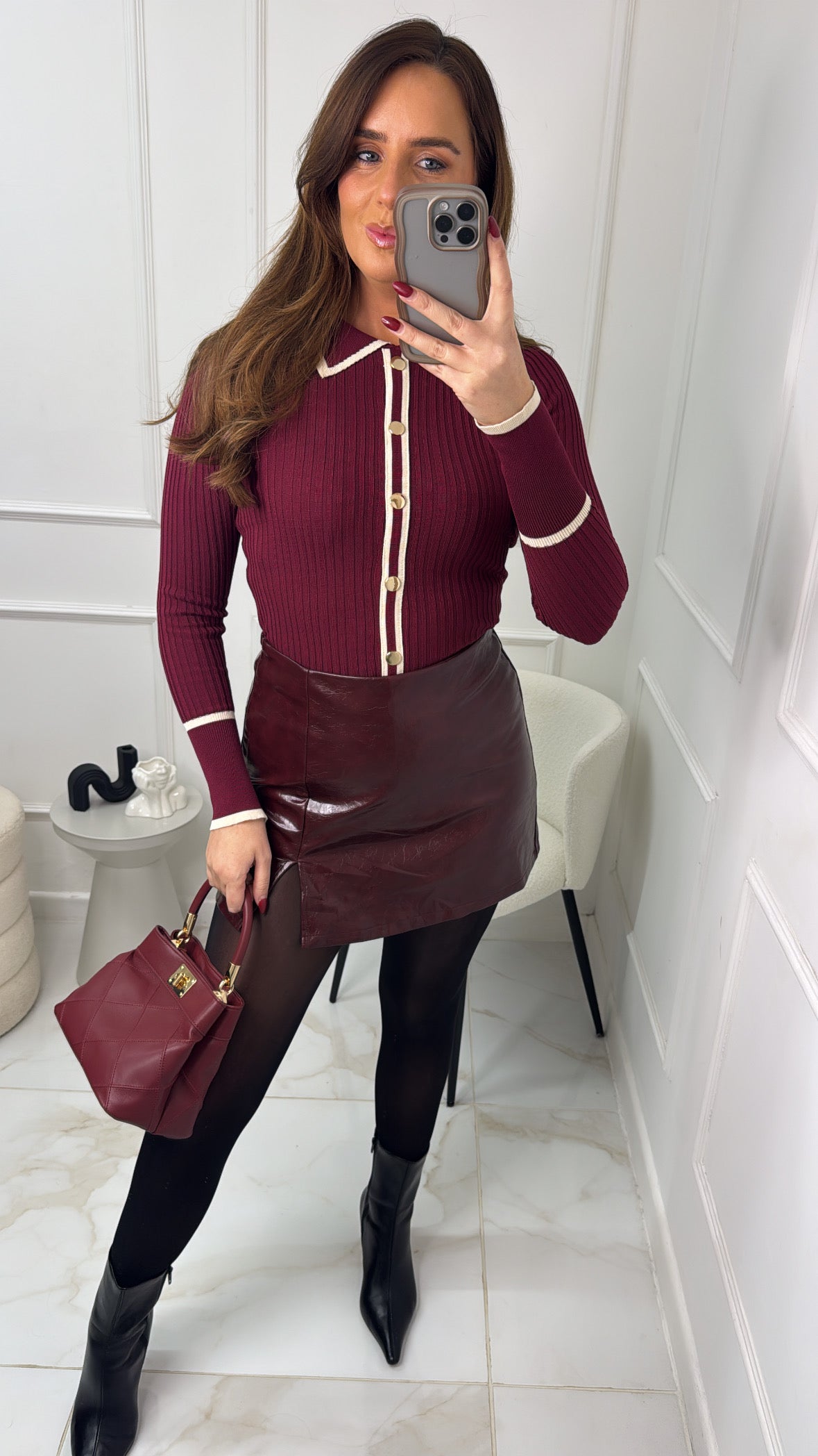 ALEXA burgundy collar button front jumper