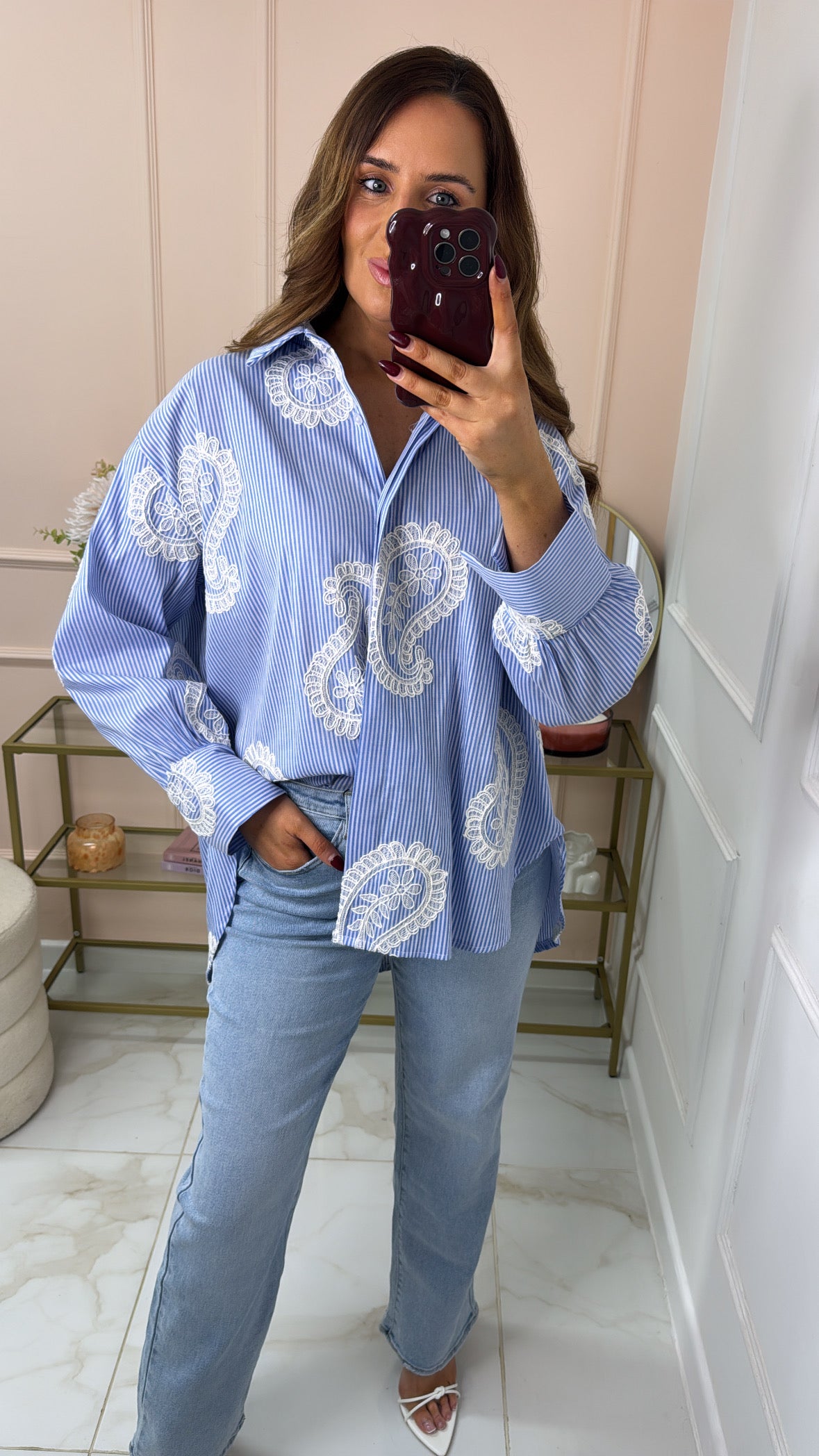 LOTTIE blue pinstripe crochet detail shirt