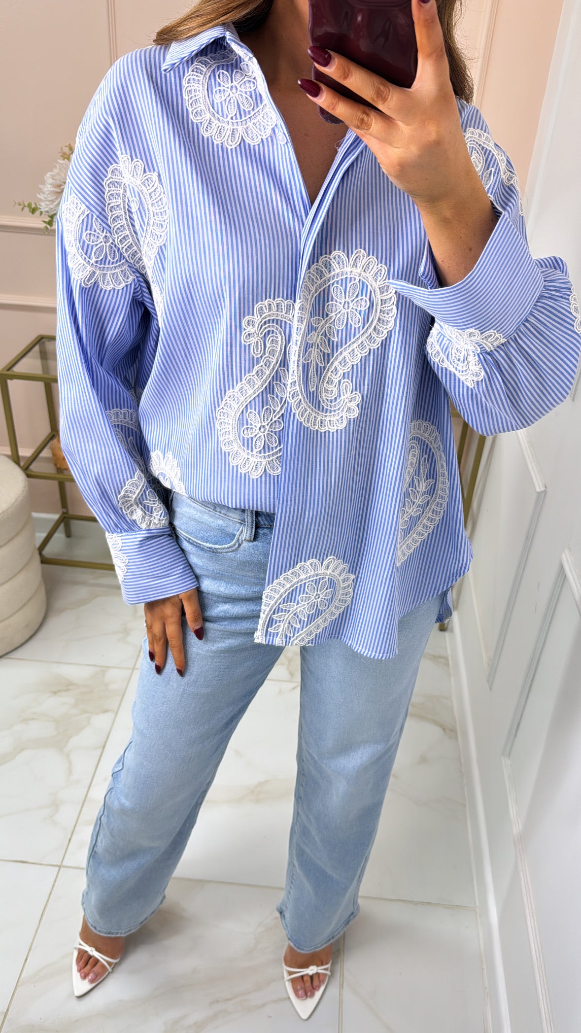 LOTTIE blue pinstripe crochet detail shirt