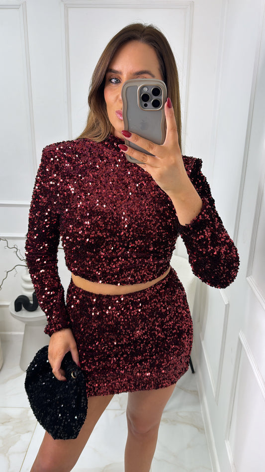 MERCY burgundy sequin high neck top