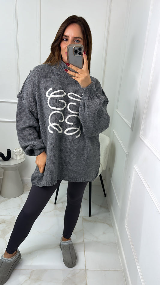 DAHLIA grey embroidered knit jumper