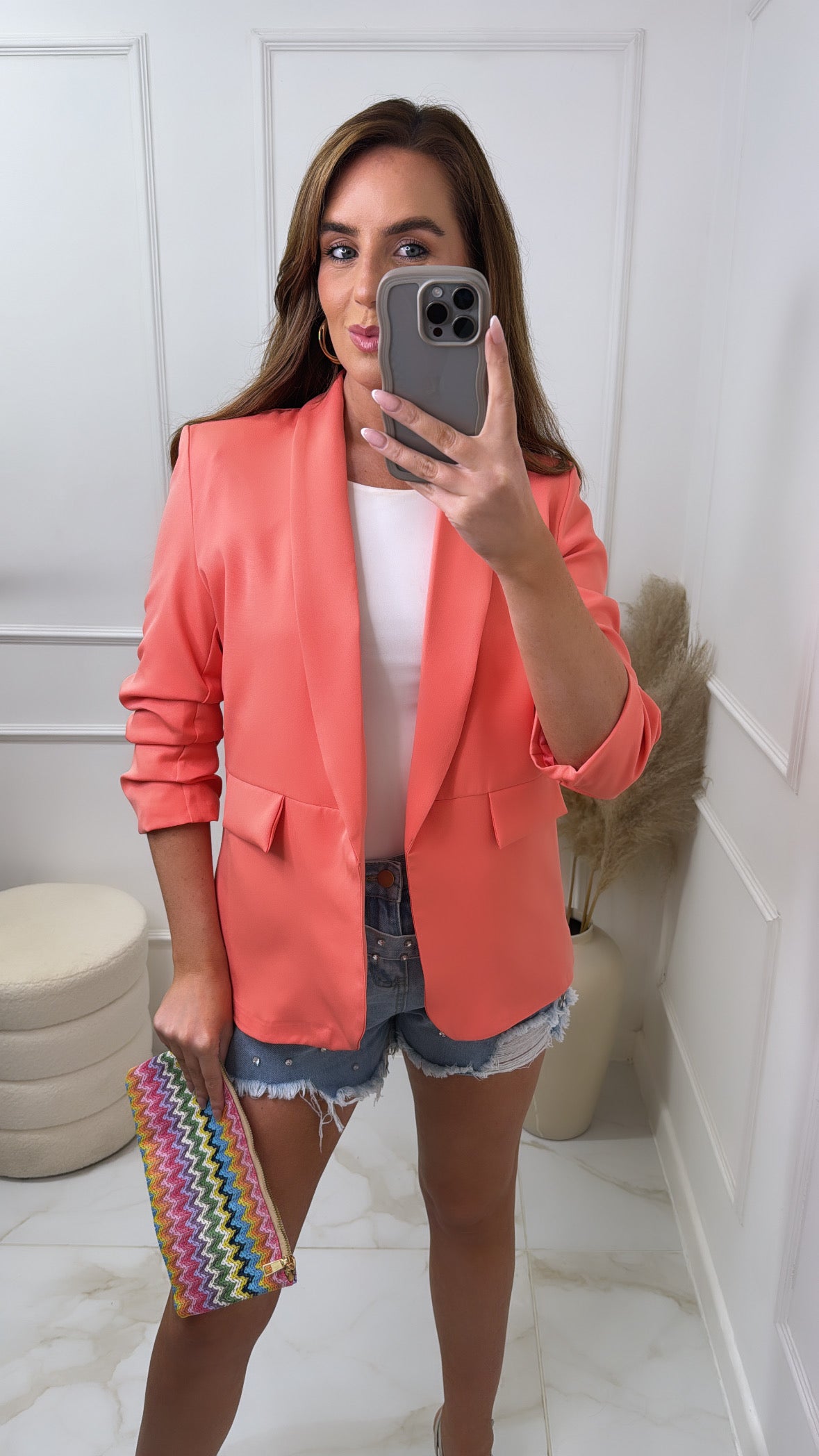 LACEY coral ruched sleeve blazer