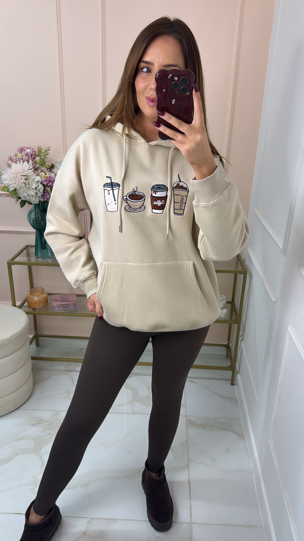 RUBY beige coffee embroidered hoodie