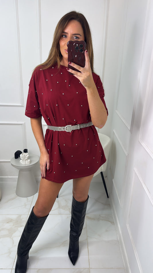 ANNIE burgundy diamonte t-shirt dress