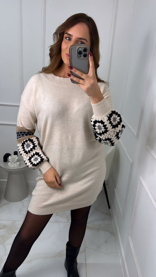 ELLA beige crochet sleeve jumper dress