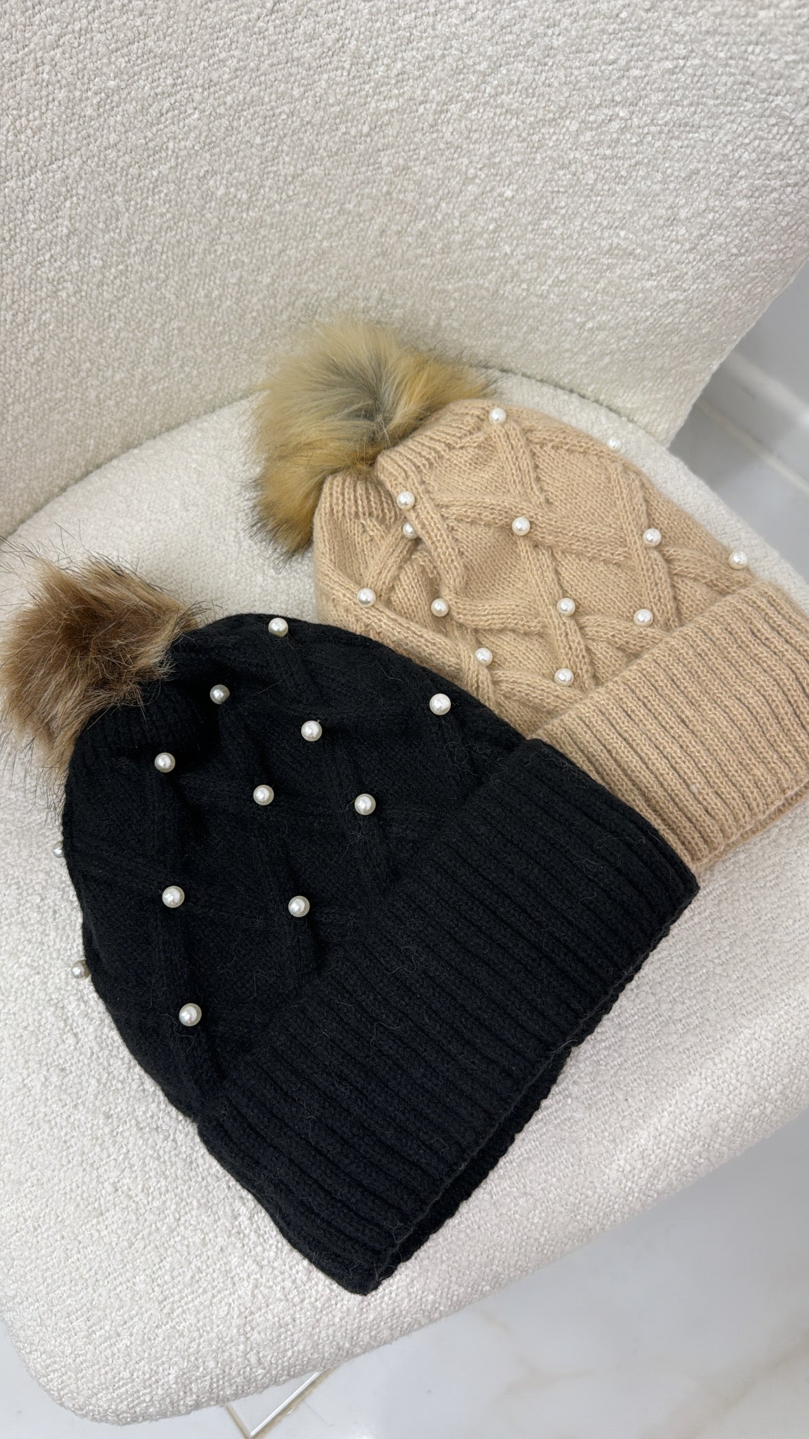 KORA black pearl detail pom pom hat