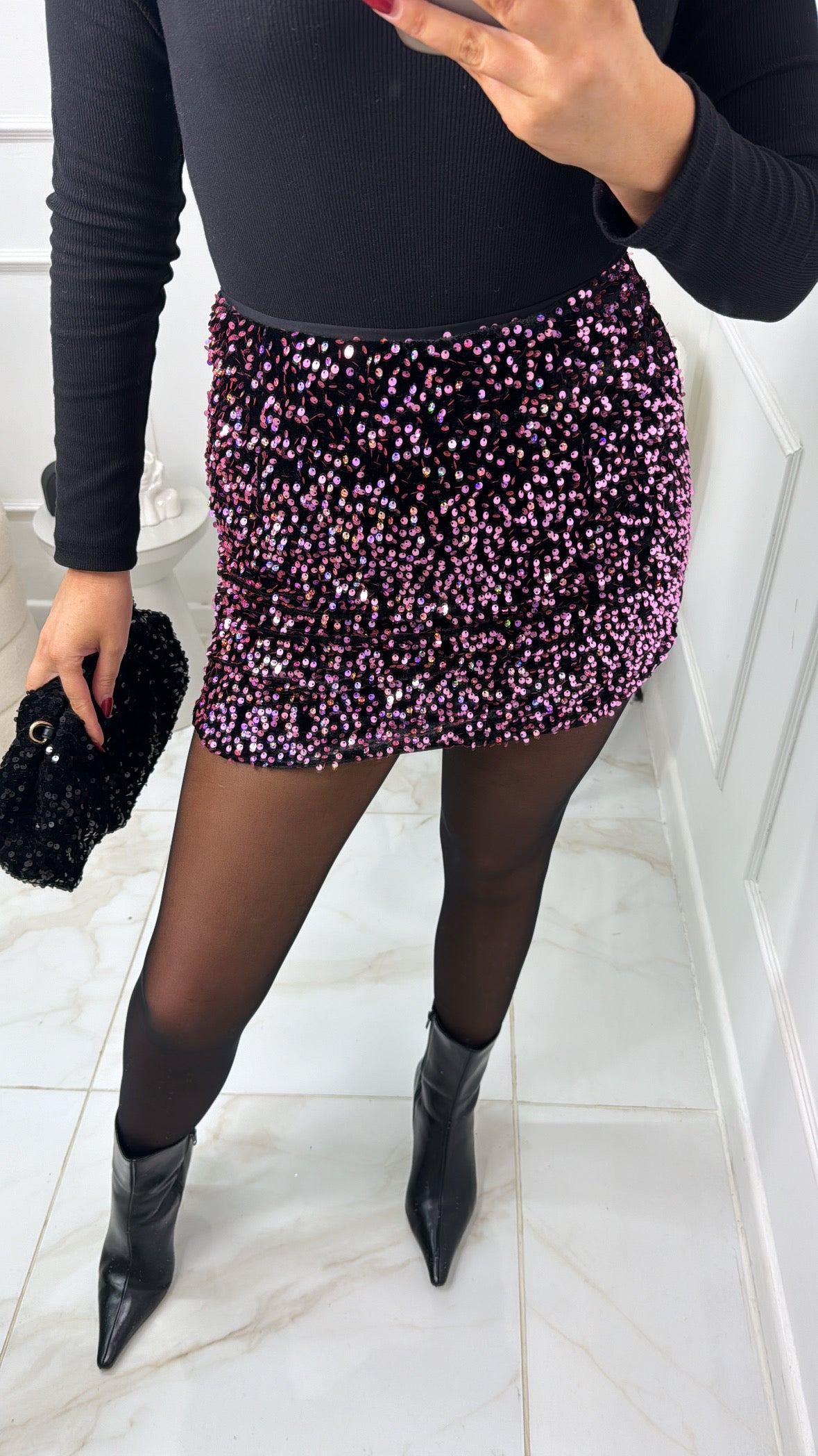 AVA pink velvet sequin mini skirt