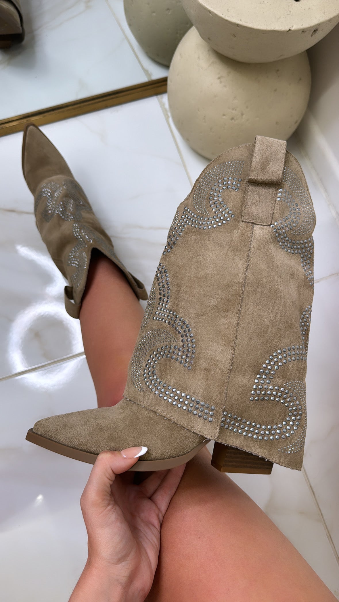 NANCY taupe suede diamanté fold over cowboy boots