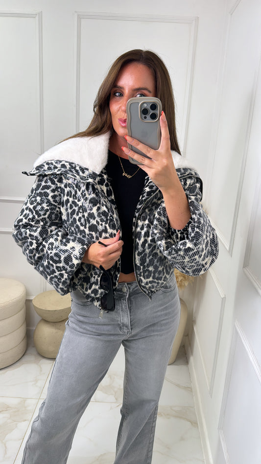 KYLIE sequin leopard bomber jacket