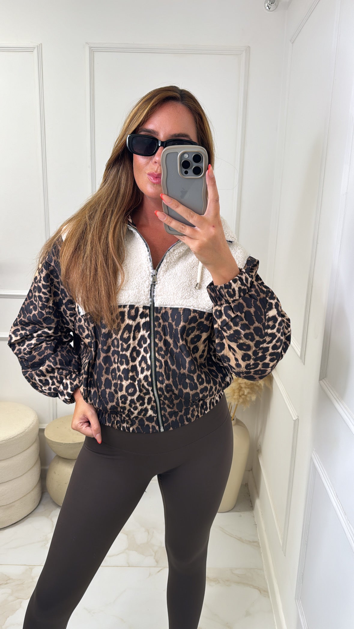 MAISIE cream leopard panel teddy bomber